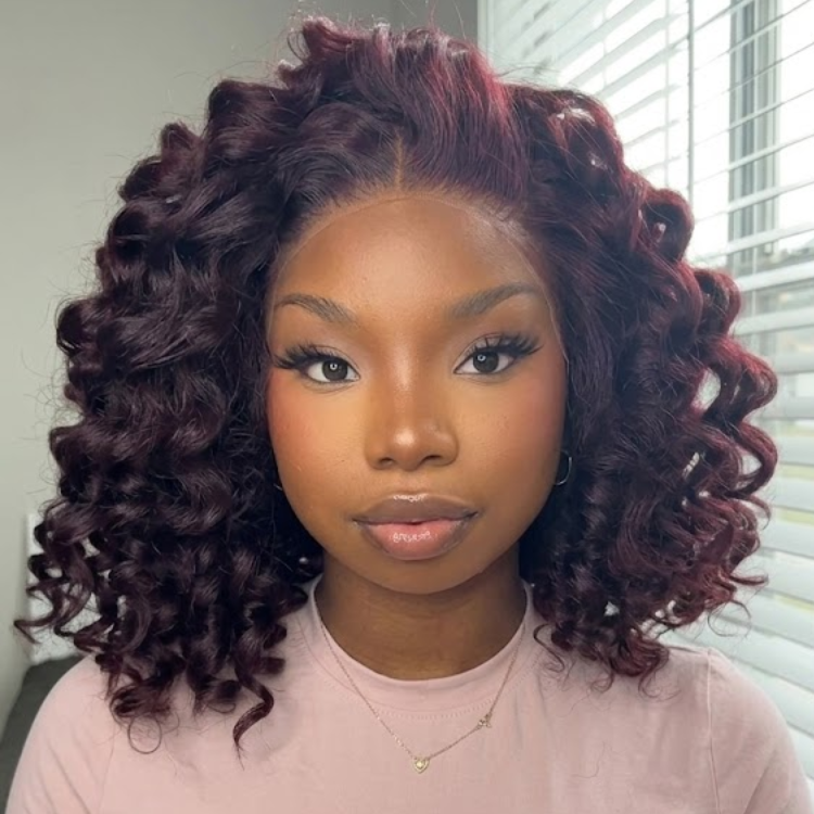 Burgundy Wine Large Spiral Curly Lace Front Human Hair Wig - Glueless Deep Wave Bob Wig, Pre-Plucked Natural Hairline- Rafarada