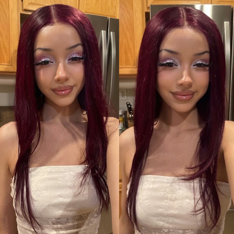 Glueless Burgundy Wine Red Layered Straight Lace Front Wig - High Density HD Transparent Lace Human Hair Wig- Rafarada