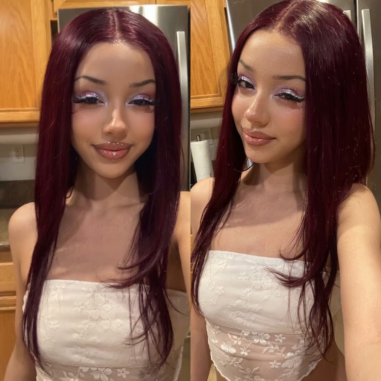 Glueless Burgundy Wine Red Layered Straight Lace Front Wig - High Density HD Transparent Lace Human Hair Wig- Rafarada