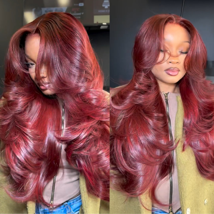 Luxury Bouncy Curl Wine Red Human Hair Wig Loose Wave Cherry Red HD Transparent Lace Frontal Soft & Silky Hair - Rafarada