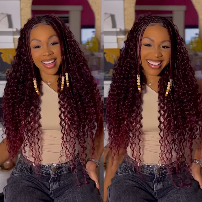 Hand-Braided Burgundy 99J Color Full Lace Goddess Boho Braids Wig with Curly Ends Bohemian Tribal Cornrow Braid Wig with Beads for Women - Rafarada
