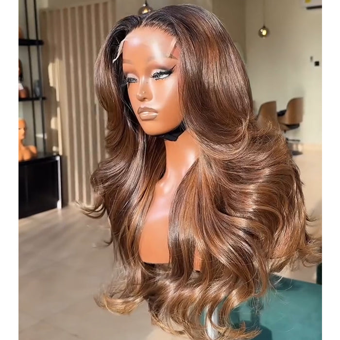 Caramel Chestnut Brown Layered Body Wave Wig – 90s Bouncy Blowout Wig with Curtain Bangs - Rafarada