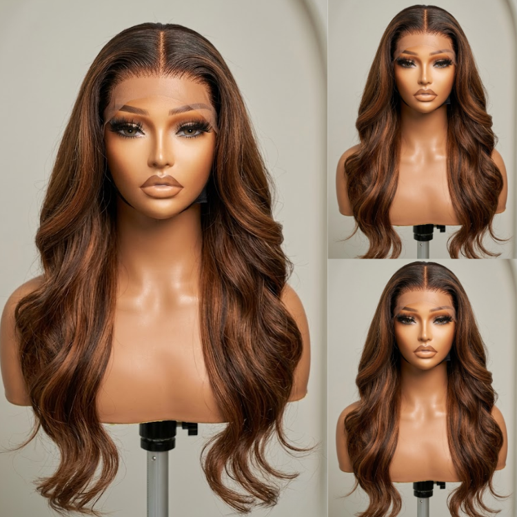Caramel Brown Ombre Body Wave Human Hair Wig Glueless Chocolate Brown Highlights Voluminous Bouncy Wave Brazilian Lace Front Wig for Women- Rafarada