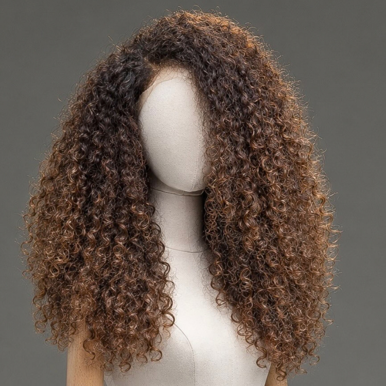 Caramel Brown Ombre Human Hair Wig - Voluminous Long Layered Kinky Curly Wig- Rafarada