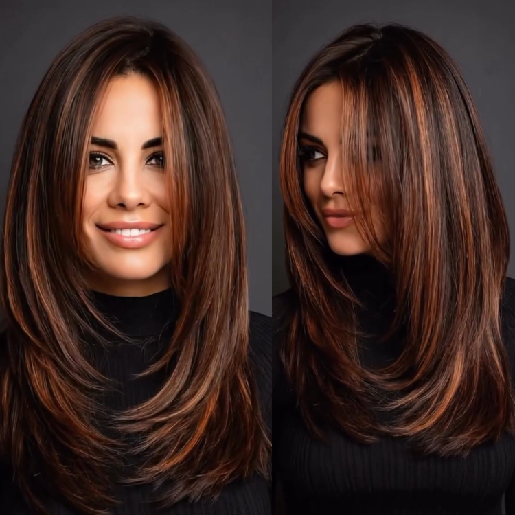 Chestnut Caramel Highlight Layered Face-Framing Straight C-Curl 4x4 Pre-Cut Lace Wear & Go Glueless Wig- Rafarada