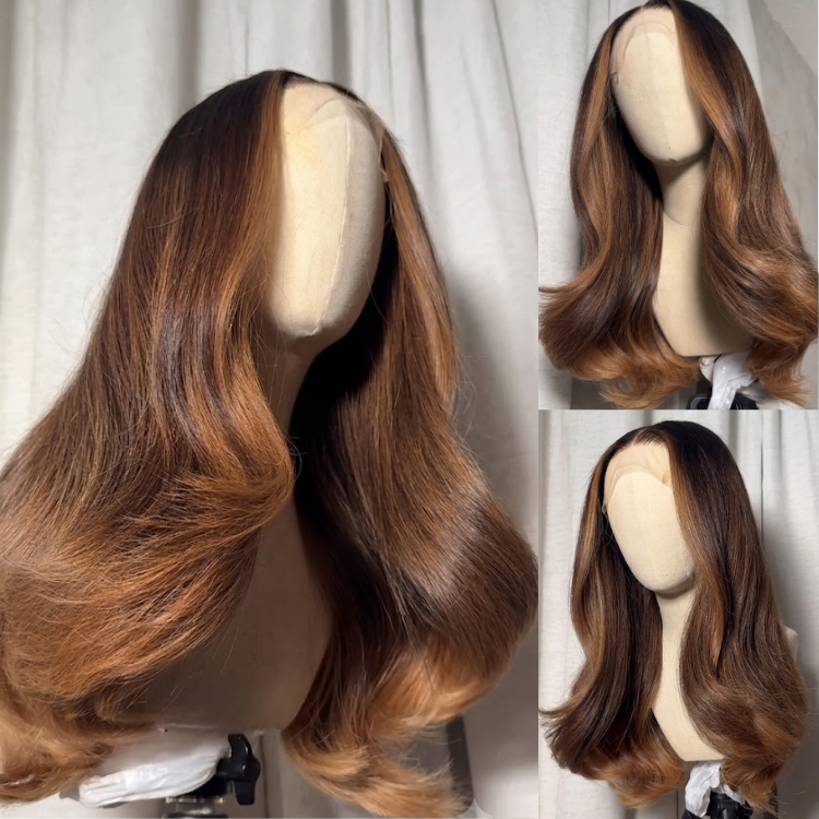 Caramel Highlight Ombre Brown Big Bouncing Body Waves Glueless Lace Front Human Hair Wig- Rafarada