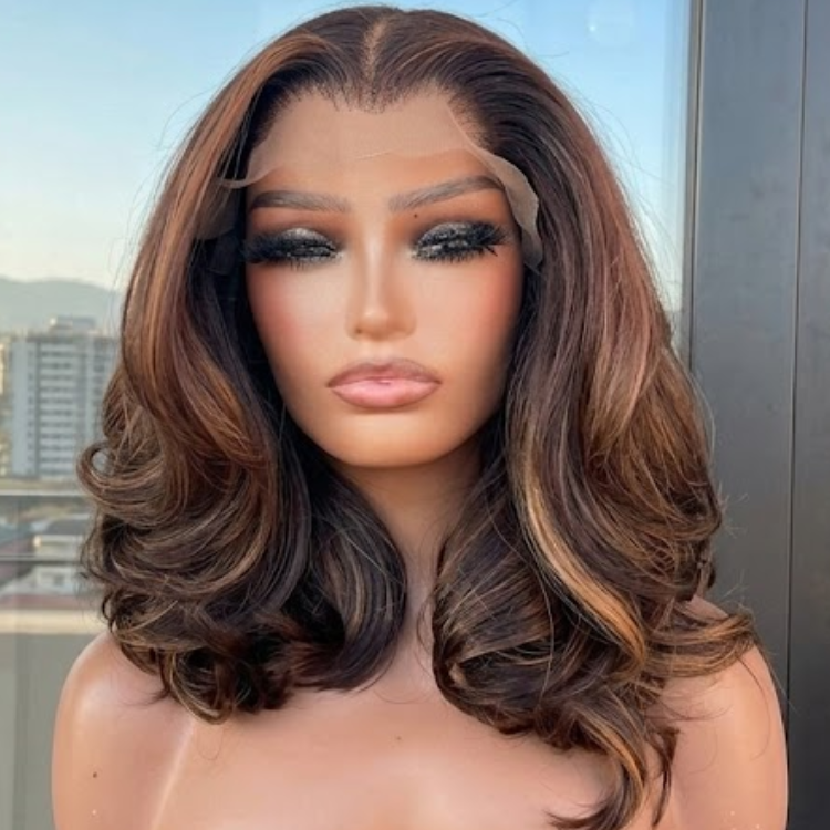 Subtle Caramel Highlights on Chocolate Brown Midi Bob Cut Voluminous Feathered Layers HD Lace Pre-plucked Human Hair Wig- Rafarada