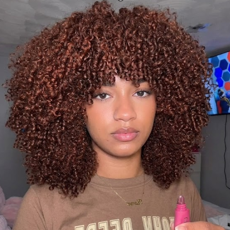 Chestnut Brown Tight Kinky Curly Wig with Curly Bangs ¨C Glueless Layered Human Hair for Volume- Rafarada