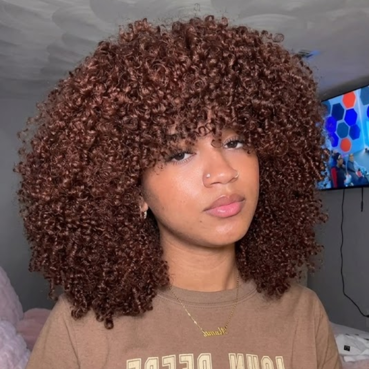 Chestnut Brown Tight Kinky Curly Wig with Curly Bangs ¨C Glueless Layered Human Hair for Volume- Rafarada