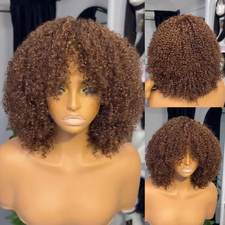 Chestnut Brown Kinky Curly Wig with Bangs - Voluminous Afro Curly Glueless Human Hair Wig- Rafarada
