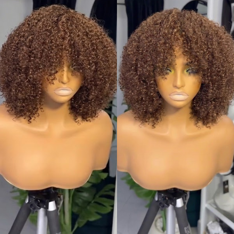 Chestnut Brown Kinky Curly Wig with Bangs - Voluminous Afro Curly Glueless Human Hair Wig- Rafarada