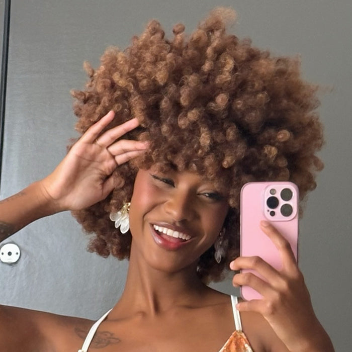 Short Fluffy Chestnut Brown Afro Kinky Coily Wig, Pre-styled Shoulder Length 4x4 Lace Wig 100% Human Hair - Rafarada