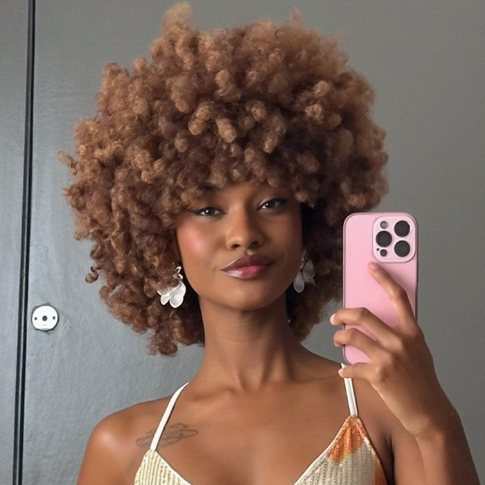 Short Fluffy Chestnut Brown Afro Kinky Coily Wig, Pre-styled Shoulder Length 4x4 Lace Wig 100% Human Hair - Rafarada