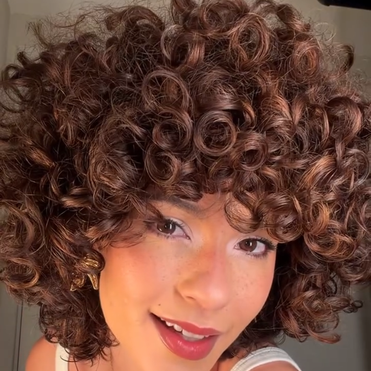 Chestnut Caramel Kinky Jerry Curly Lace Wig High Density Human Hair with Bangs Bouncy Spiral Curly Wigs for Women- Rafarada