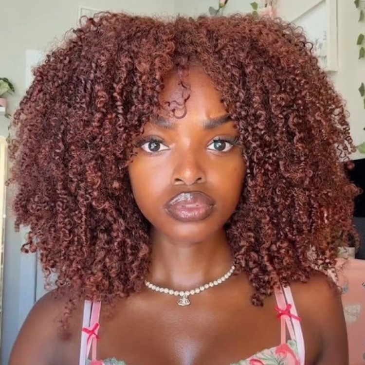 Chestnut Copper Red Voluminous Defined Coily Ringlets Wig - Pre-Cut Glueless Human Hair Wig with Curly Fringe- Rafarada
