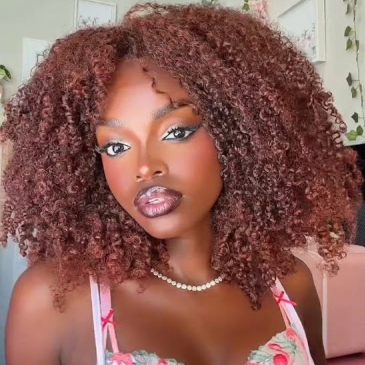 Chestnut Copper Red Voluminous Defined Coily Ringlets Wig - Pre-Cut Glueless Human Hair Wig with Curly Fringe- Rafarada