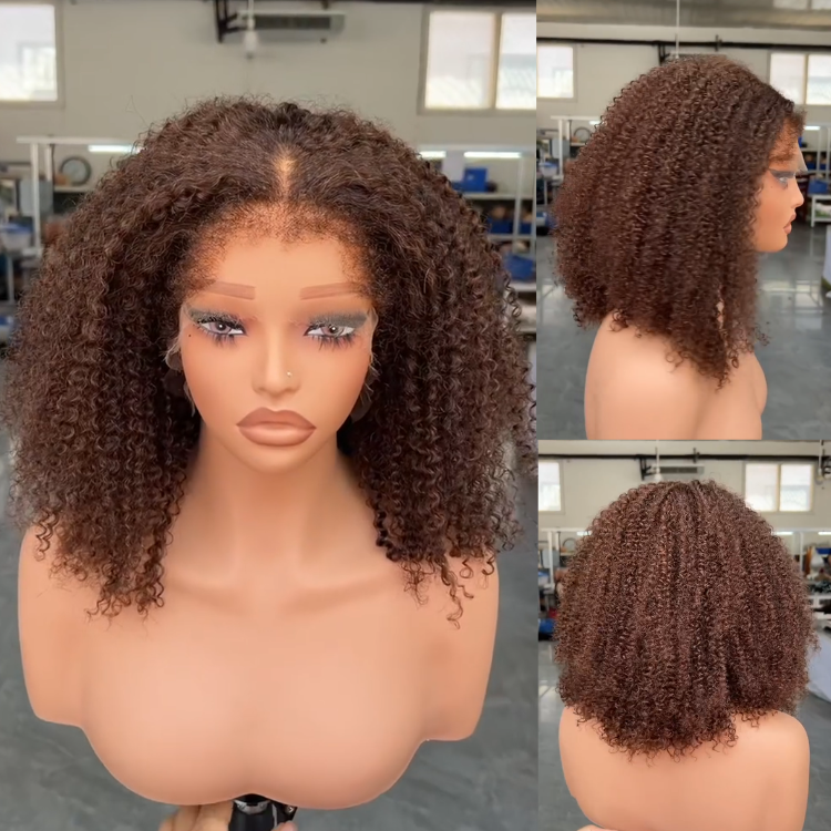 Chocolate Brown Lace Front Kinky Curly Human Hair Wig, Glueless Pre-Plucked Natural Hairline for Women- Rafarada