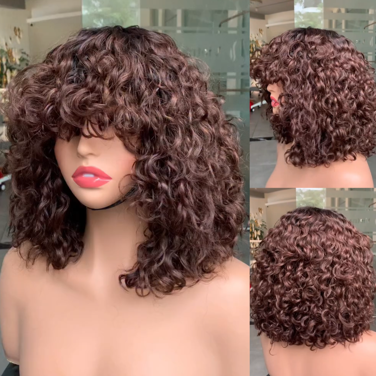Chocolate Brown Kinky Curly Bob Wig with Full Bangs ¨C Voluminous Layered Human Hair Wig - Rafarada