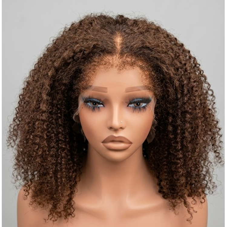 Chocolate Brown Lace Front Kinky Curly Human Hair Wig, Glueless Pre-Plucked Natural Hairline for Women- Rafarada