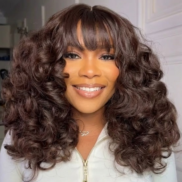 Bouncy Loose Curly Wig with Bangs Chocolate Brown High Density Human Hair Wig- Rafarada