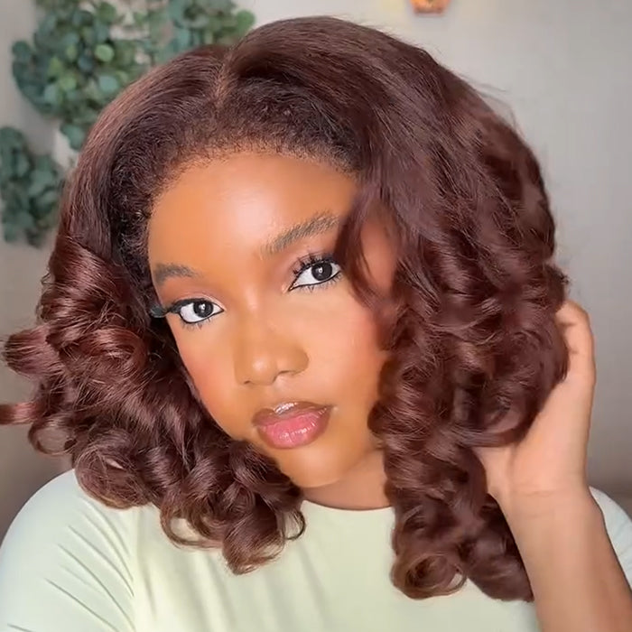 Chocolate Brown Bouncy Curly with 4C Edges Bob Wig Dark Auburn Loose Curls Human Hair Wig - Rafarada