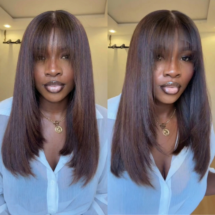 Chocolate Brown Straight Human Hair Wig with Bangs Layered Glueless Brown Lace Wig for Women - Rafarada