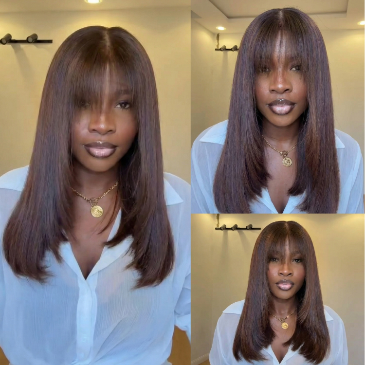 Chocolate Brown Straight Human Hair Wig with Bangs Layered Glueless Brown Lace Wig for Women - Rafarada