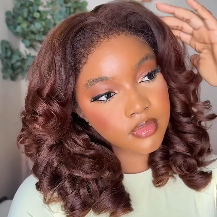 Chocolate Brown Bouncy Curly with 4C Edges Bob Wig Dark Auburn Loose Curls Human Hair Wig - Rafarada