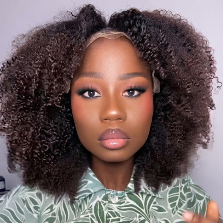 Glueless Afro Kinky Curly Human Hair Lace Frontal Wig - Chocolate Ombre Brown Afro Textured- Rafarada