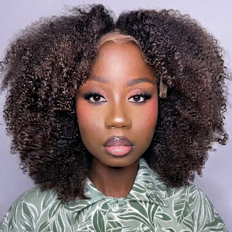 Glueless Afro Kinky Curly Human Hair Lace Frontal Wig - Chocolate Ombre Brown Afro Textured- Rafarada