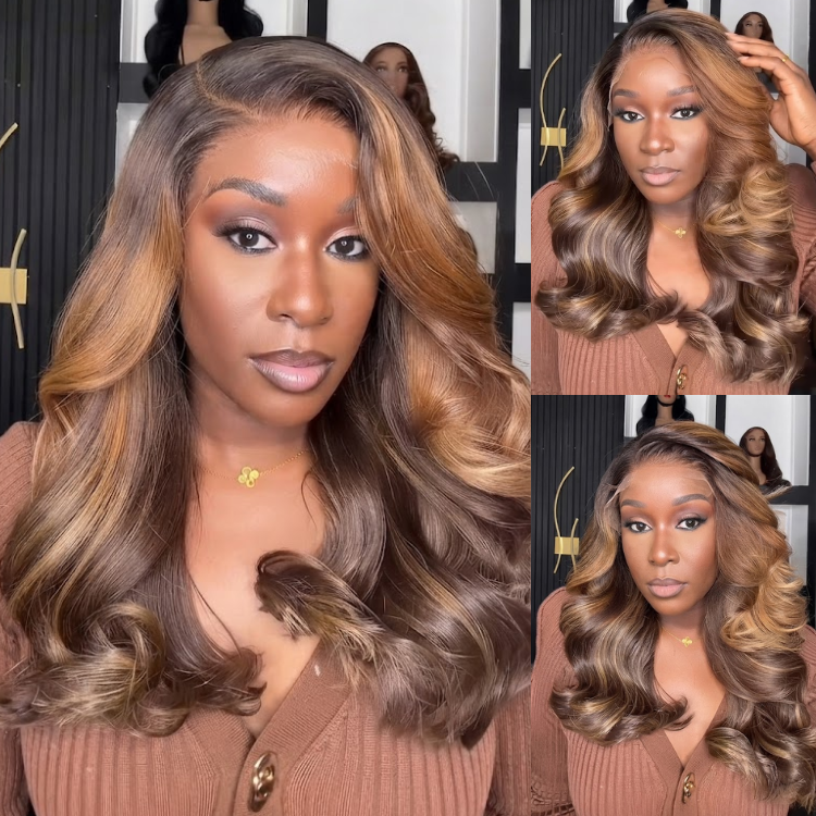 Chocolate and Caramel Ombre Body Wave Lace Front Human Hair Wig - Voluminous Bouncy Curls- Rafarada