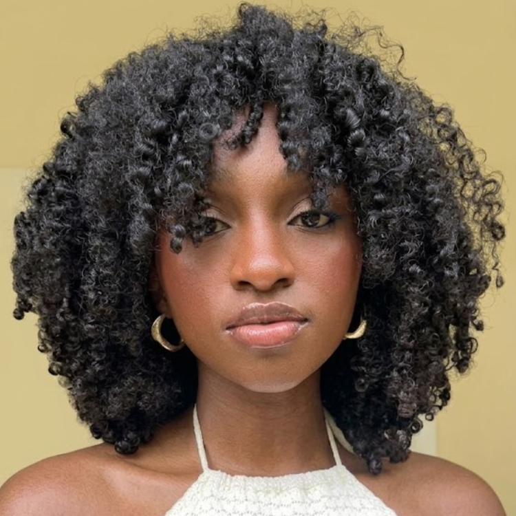 Coily Afro Texture Wig with Curly Bangs - Glueless Deep Black Tight Curl Scalp Base Human Hair Wig- Rafarada