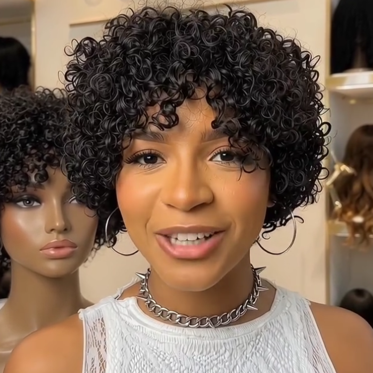 Glossy Jet Black Bouncy Coily Bob Wig - Kinky Curly Human Hair with Defined Tight Rings- Rafarada