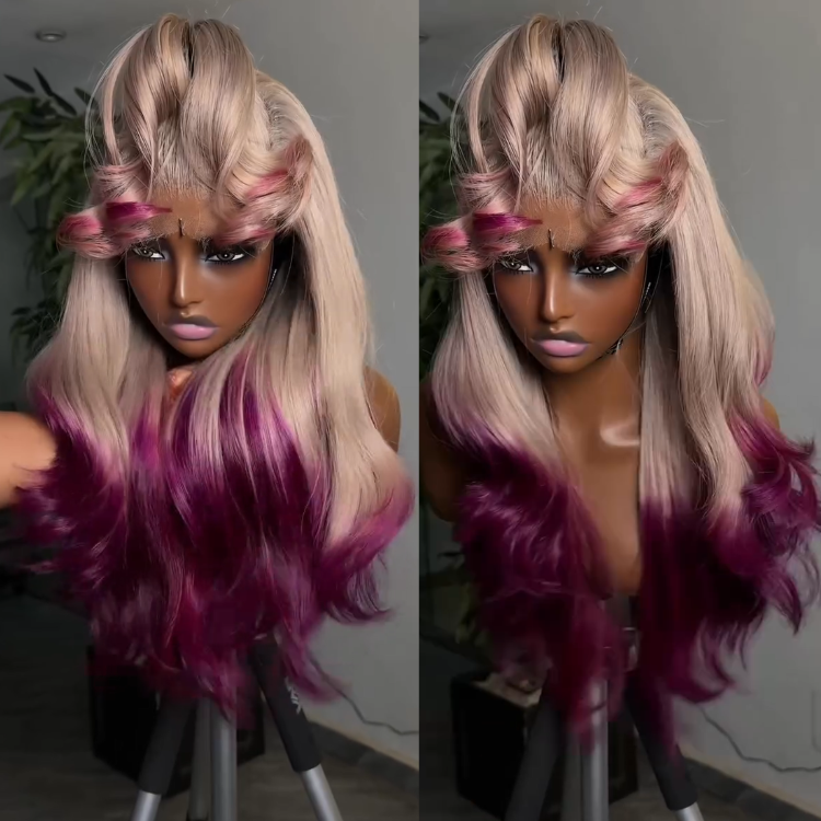 Ombre Platinum Ash Blonde to Magenta Color Wig Body Wave Wigs Glueless Transparent Lace Frontal Wig - Rafarada