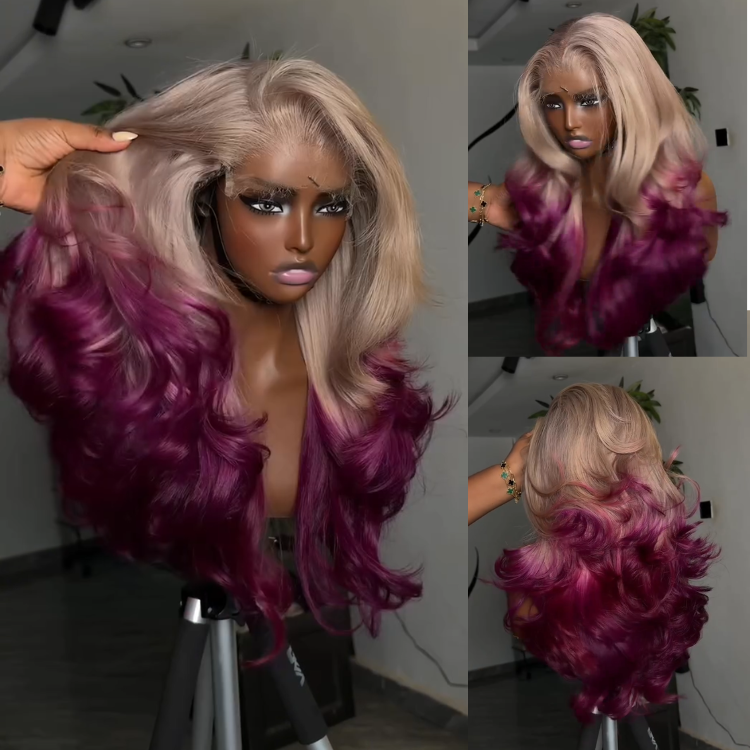 Ombre Platinum Ash Blonde to Magenta Color Wig Body Wave Wigs Glueless Transparent Lace Frontal Wig - Rafarada