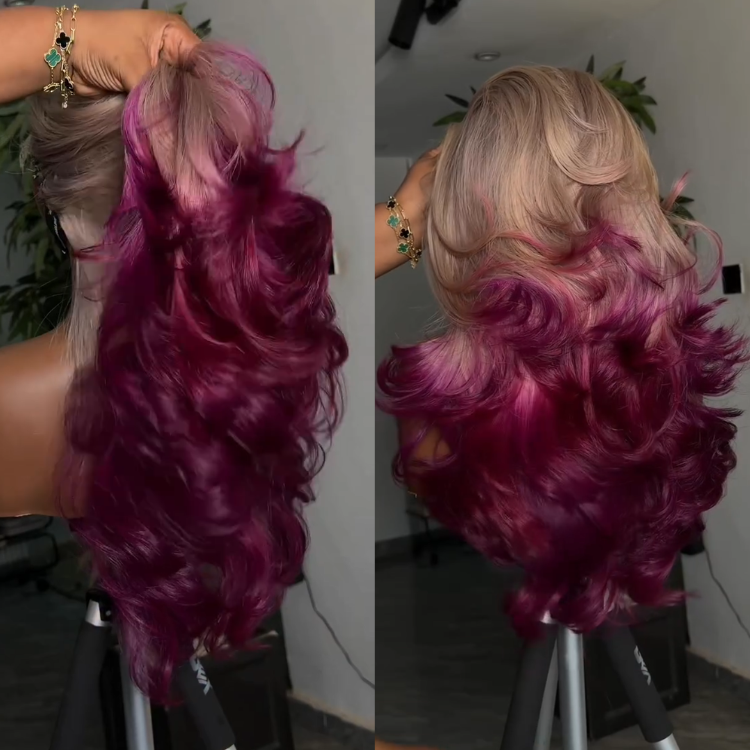 Ombre Platinum Ash Blonde to Magenta Color Wig Body Wave Wigs Glueless Transparent Lace Frontal Wig - Rafarada