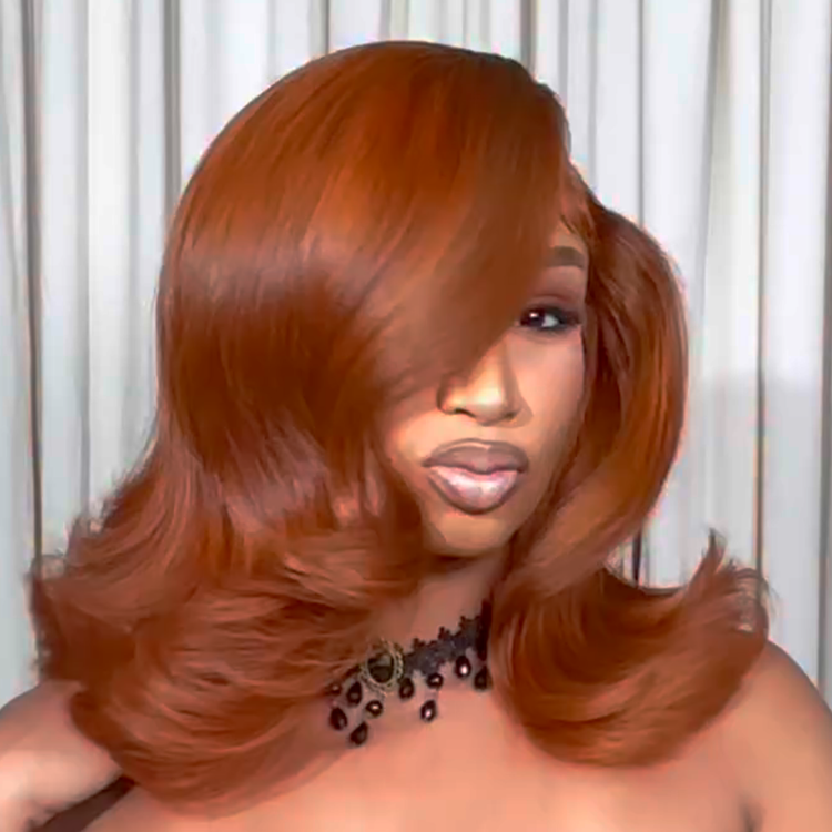 Copper Ginger Layered Shoulder-Length Wig with Large Voluminous Waves Human Hair Lace Front Wig - Rafarada