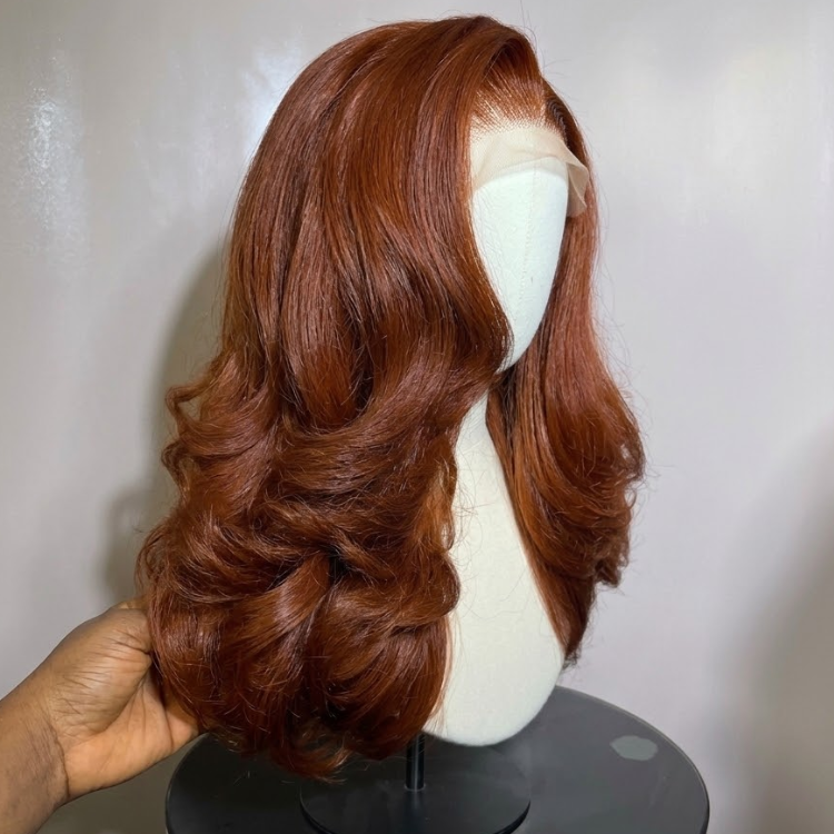 Copper Ginger Brown Layered Blowout Wave HD Lace Front Wig - Pre-Plucked Glueless Human Hair Wig - Rafarada
