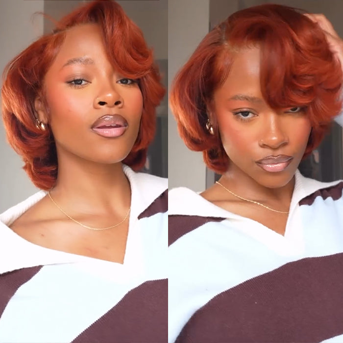 Copper Ginger Short Bouncy Bob Style Human Hair Wigs Orange Red Glueless Lace Hair - Rafarada