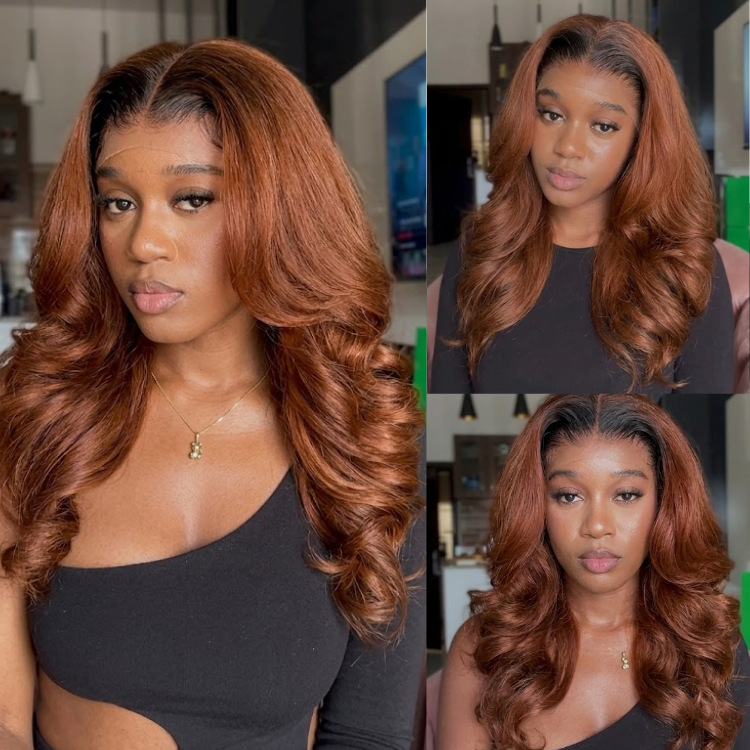 Vibrant Copper Red Body Wave Wig with Dark Roots - Glueless Long Wavy Human Hair Wig for Women featuring Face-Framing Layers- Rafarada