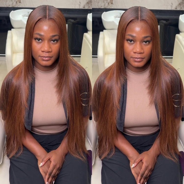 Caramel Brown Silky Straight Glueless Lace Frontal Wig - 100% Human Hair Seamless Straight Wig- Rafarada