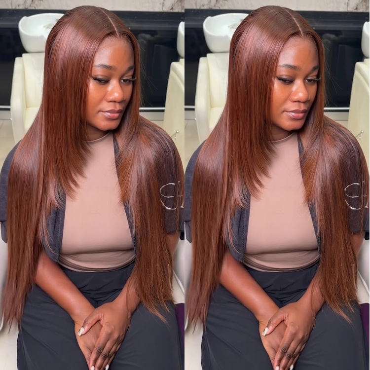 Caramel Brown Silky Straight Glueless Lace Frontal Wig - 100% Human Hair Seamless Straight Wig- Rafarada