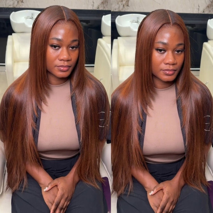 Caramel Brown Silky Straight Glueless Lace Frontal Wig - 100% Human Hair Seamless Straight Wig- Rafarada