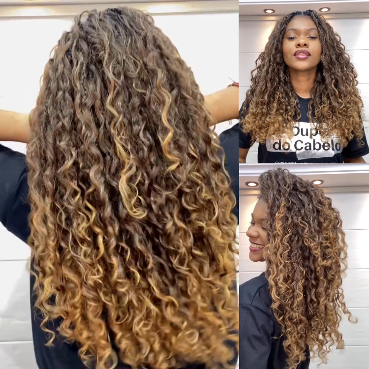 Ombre Brown to Honey Blonde Highlight Curly Wave Crochet Human Hair Extensions - Rafarada