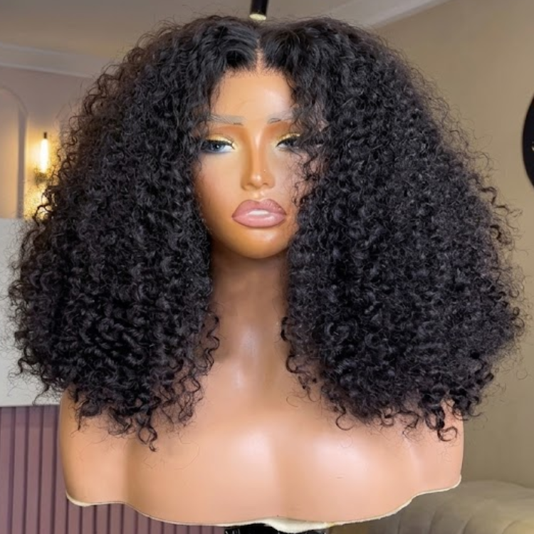 Natural Black Kinky Curly Lace Front Human Hair Wigs Glueless Water Wave Deep Curly Wig for Black Women- Rafarada