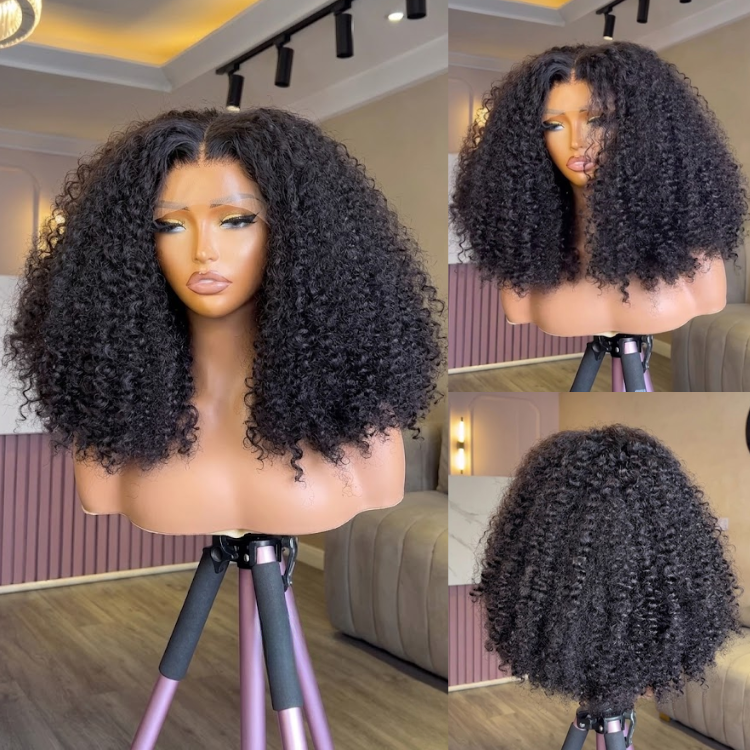 Natural Black Kinky Curly Lace Front Human Hair Wigs Glueless Water Wave Deep Curly Wig for Black Women- Rafarada