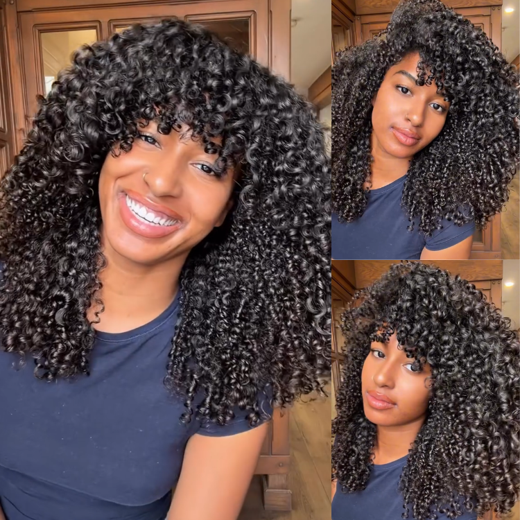 Pre-Plucked 100% Human Hair Curly Wig with Bangs - Natural Black Bouncy & Voluminous Spiral Curls, Kinky Curly Glueless Wig- Rafarada