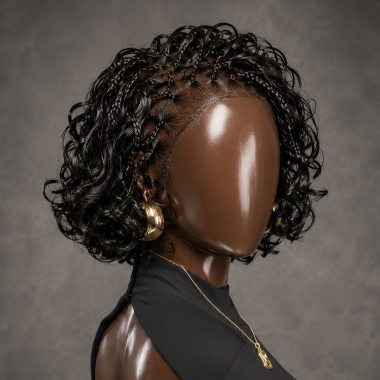 Custom Braided Cornrow Natural Black Afro Kinky Curly Wig - 13x4 Glueless Full Frontal Loose Spiral Curls- Rafarada