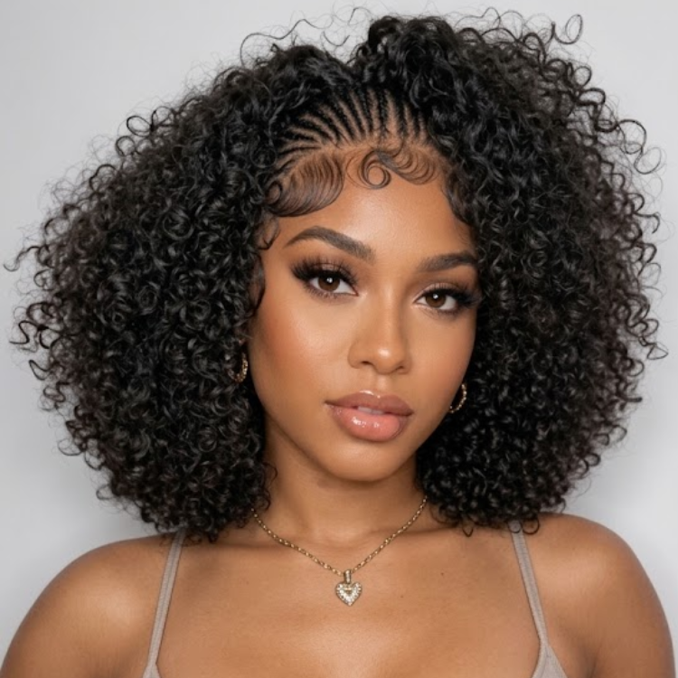Custom Braided Cornrow Natural Black 3C 4A Defined Spiral Ringlets Wigs for Black Women - Glueless Half Braids Coily Human Hair Wig - Rafarada