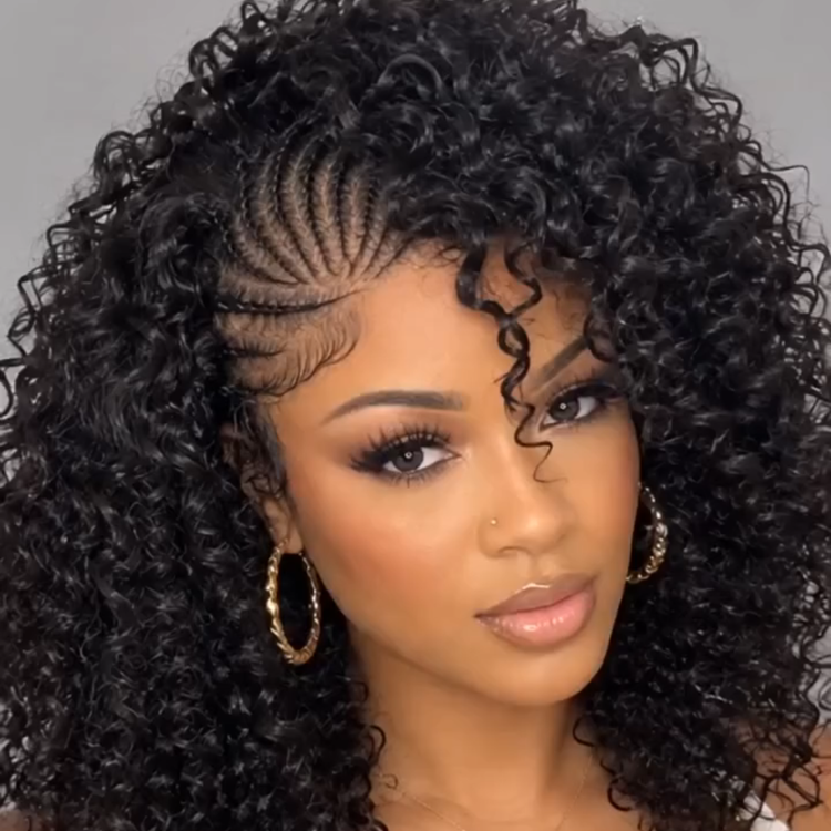 Jet Black Custom Cornrow to Kinky Curly Wig for Black Women - 13x6 Glueless Lace Frontal Bob Wig with Defined Coily Texture - Rafarada
